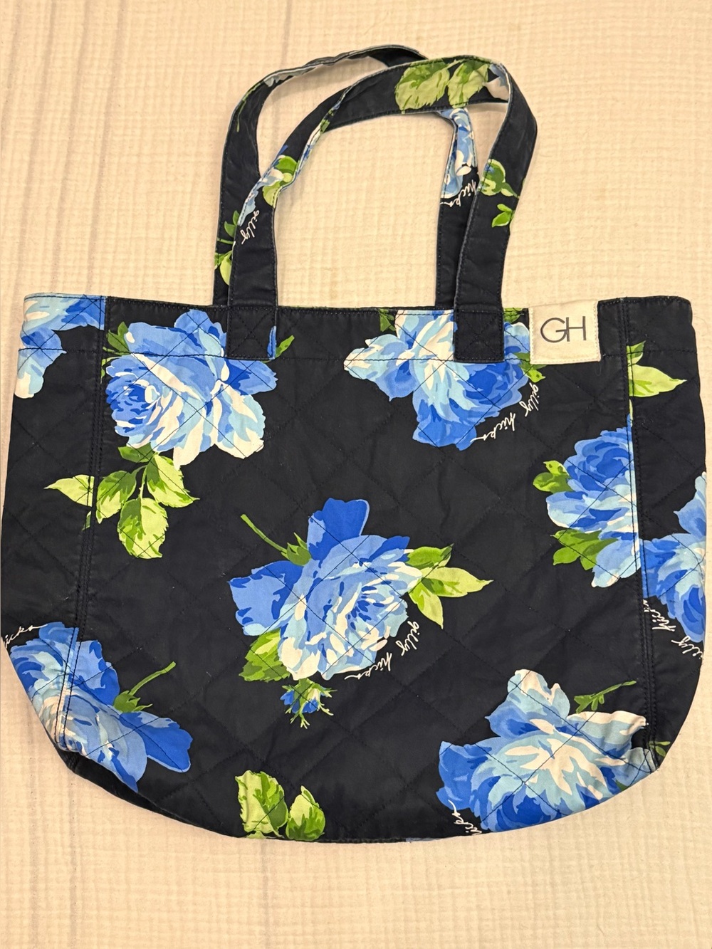 Gilly Hicks Y2K Quilted Navy Blue Rose Print Logo Shoulder Striped Tote Bag